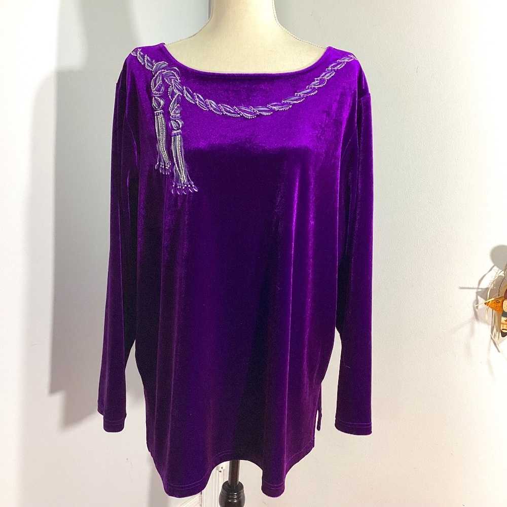 VTG BOB MACKIE WEARABLE ART PLUS 2X VELOUR PURPLE TUNIC EMBROIDERY BEADS…